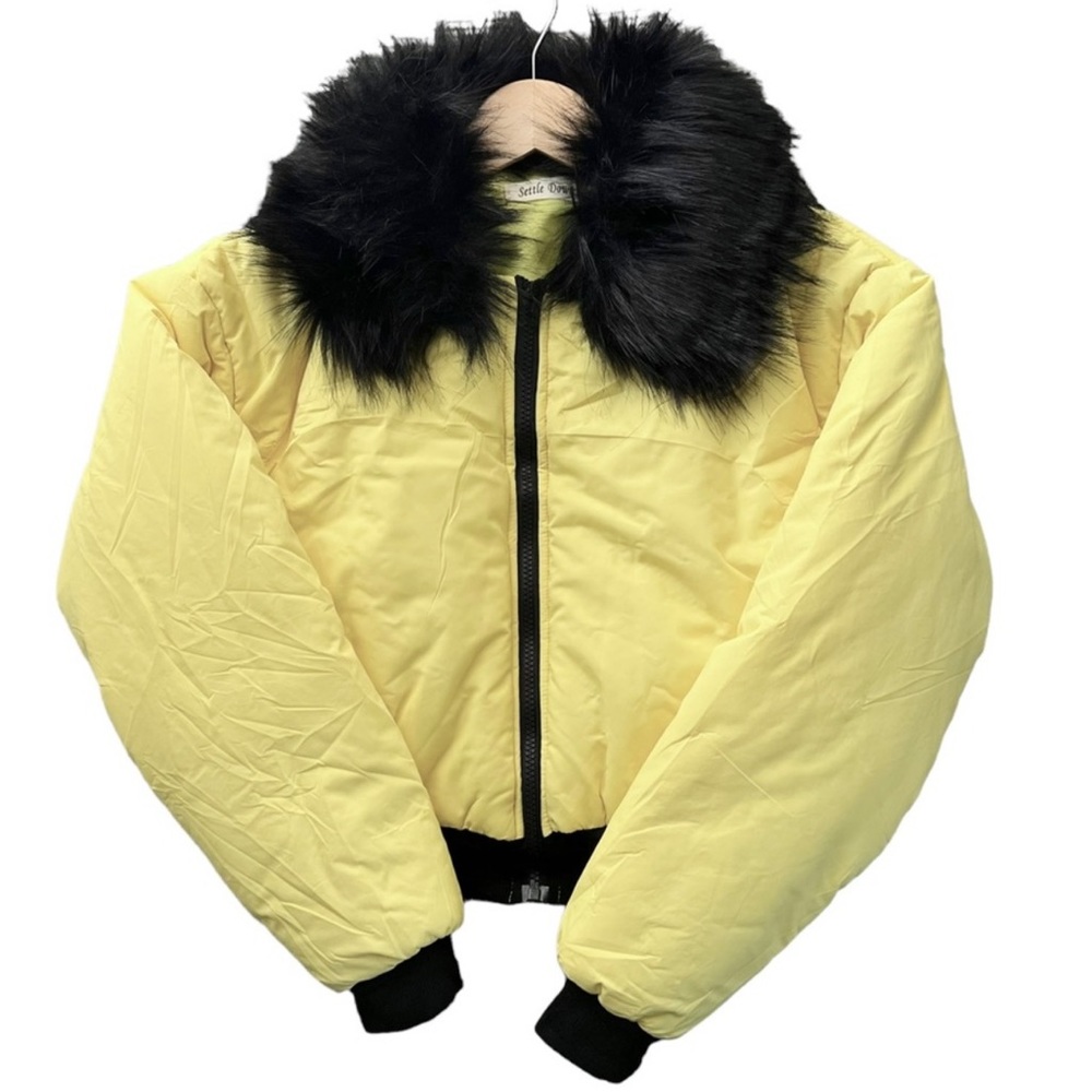 Bomber Jacket Yellow Black Faux Fur Collar